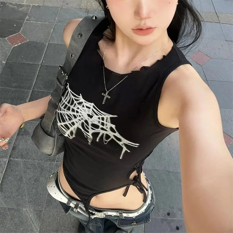 Summer Spider Web Print Tank Tops Y2k Streetwear Crop Top