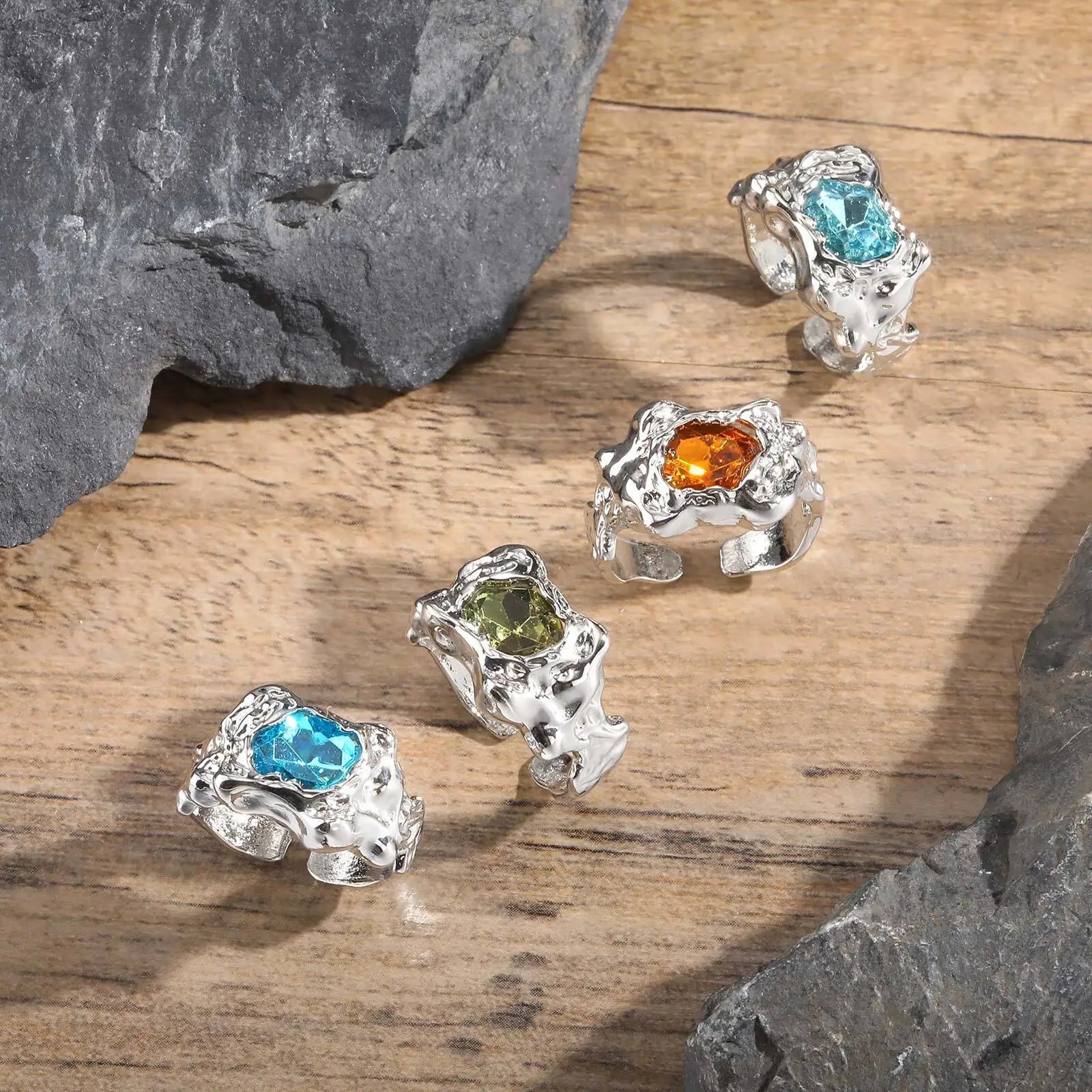 Set 4 Pieces Lava Rings Stacking Colorful Zircon Thick Ring Punk