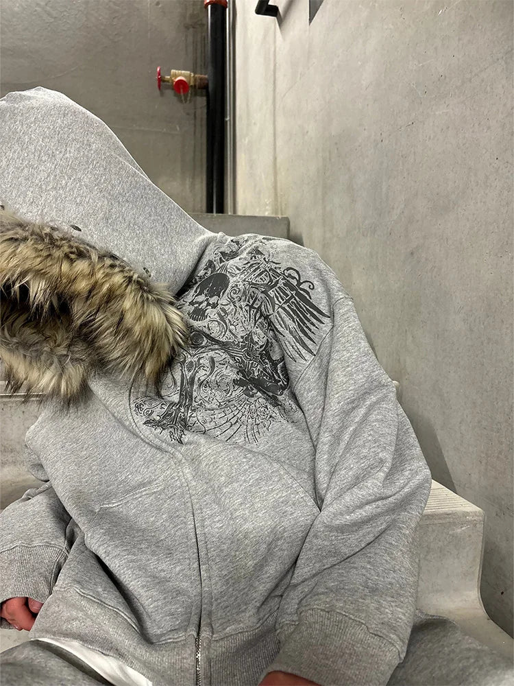 Y2K Aesthetic Harajuku Faux Fur Collar Hoodies Punk Gothic Zip Up Hoodies