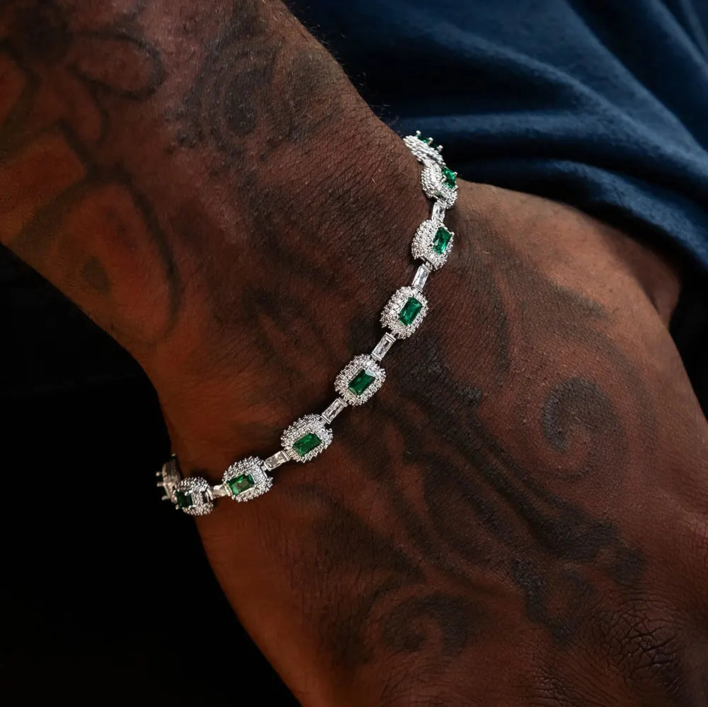 Iced Emerald Cushion Cut Diamond Bracelet White Gold Inlaid Green
