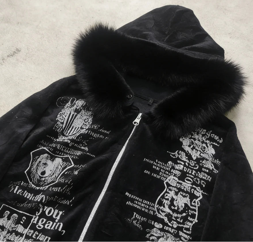 Y2K Fur Cyber Grunge Faux Fur Velour Zip-Up Hoodie