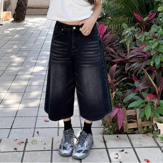 High Waist Black Retro Washed Denim Shorts Y2K Streetwear Mid Long Wide Leg Pants