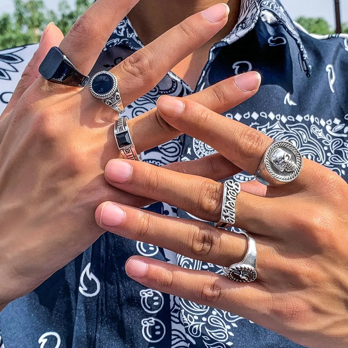 Set 6 Pieces Goth Vintage Skeleton Skull Antique Silver Color Rings