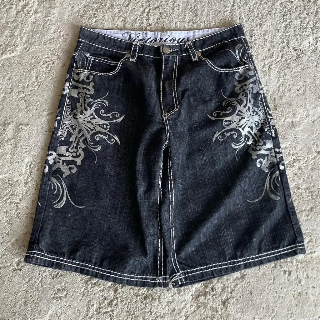 Y2K Grunge Cyber Gothic Embroidered Denim Shorts