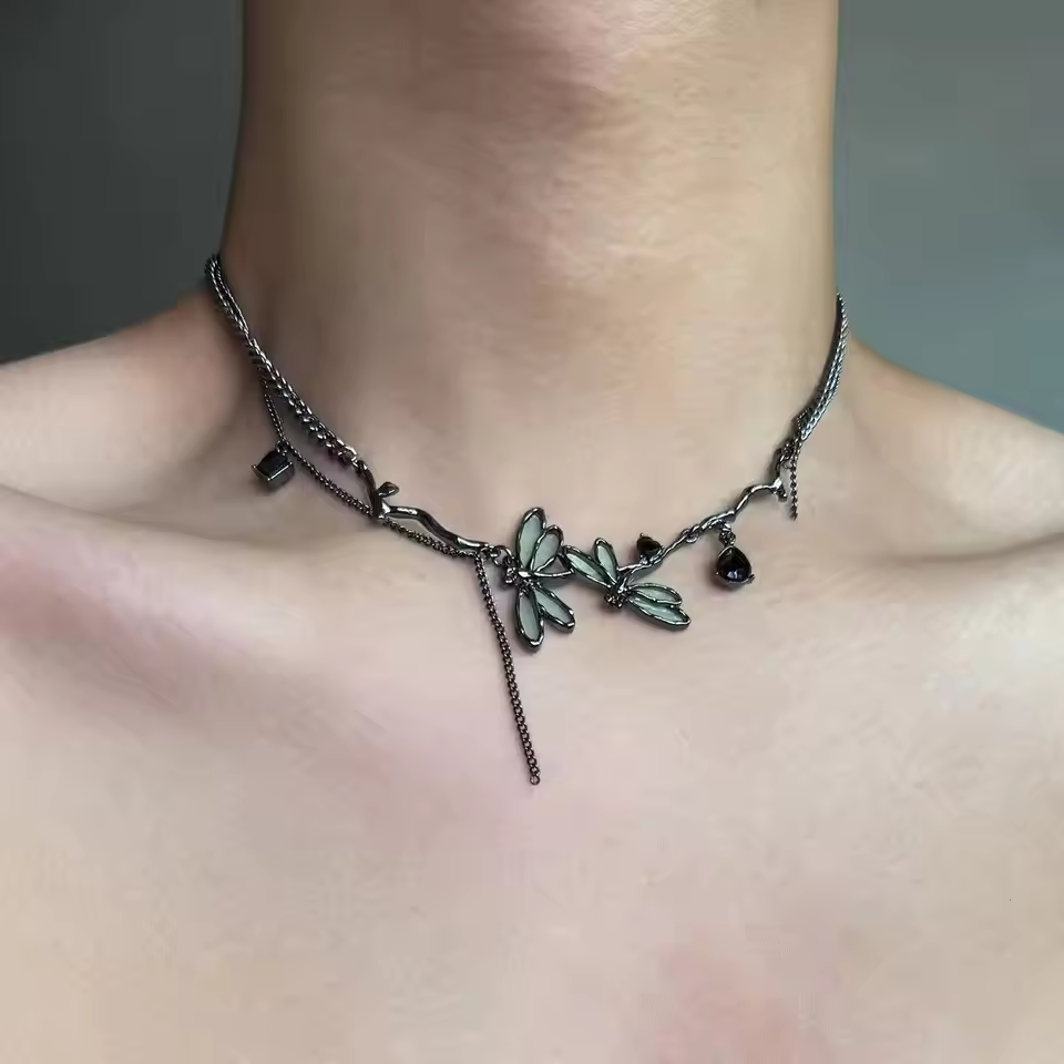 Whimsical Gothic Dragonfly Branch Choker Necklace Jewelry