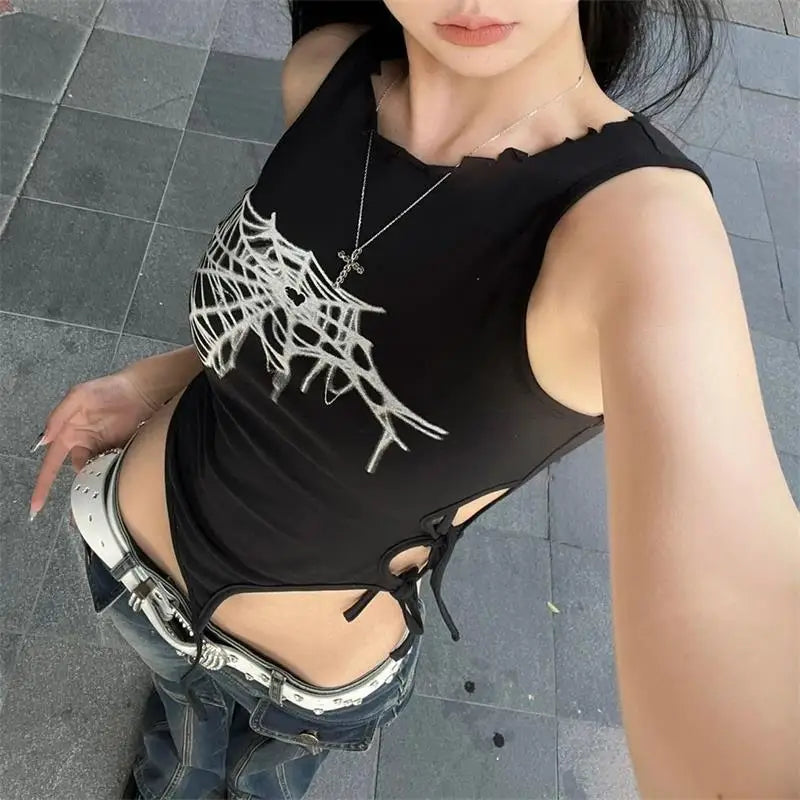 Summer Spider Web Print Tank Tops Y2k Streetwear Crop Top