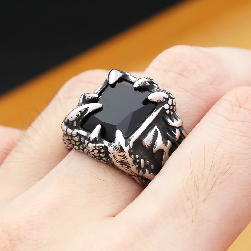 Gothic Vintage Dragon Claw Punk Hip Hop Stainless Steel Black Stone Ring