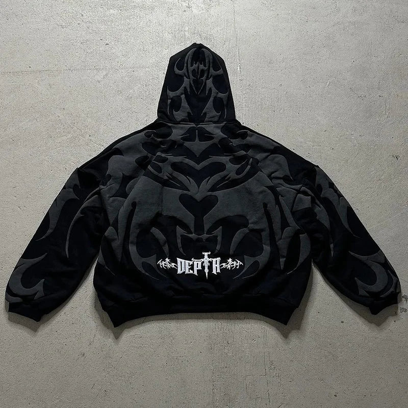 Y2K Opium Core Tribal Tribal Graphic Oversized Heavyweight Zipper Hoodie