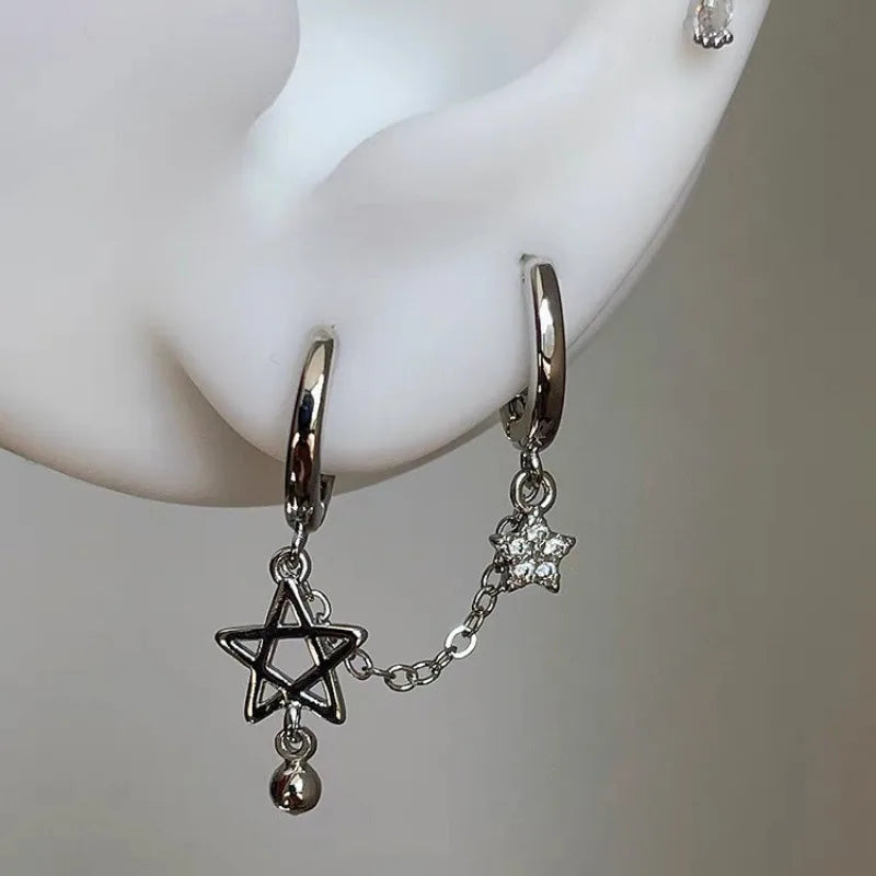 Gothic Star Chain Double Piercing Hoop Earrings Stainless Steel Y2K