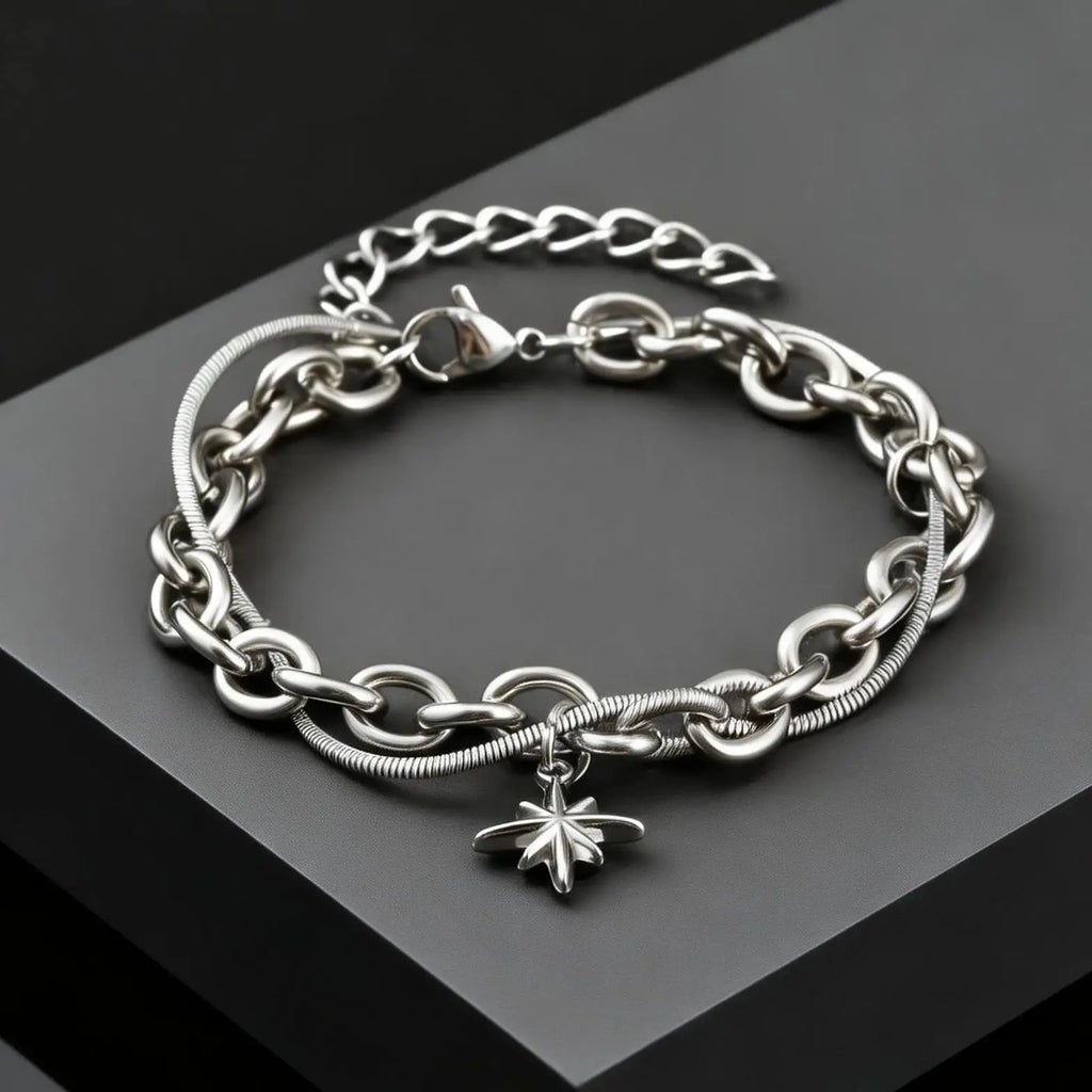 Retro Silver Color  Double-layer Bracelet Hip Hop Punk