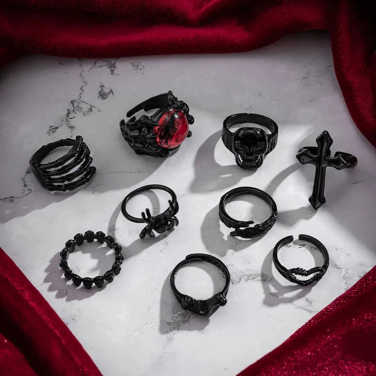 Set 6 Pieces Goth Vintage Skeleton Skull Antique Silver Color Rings