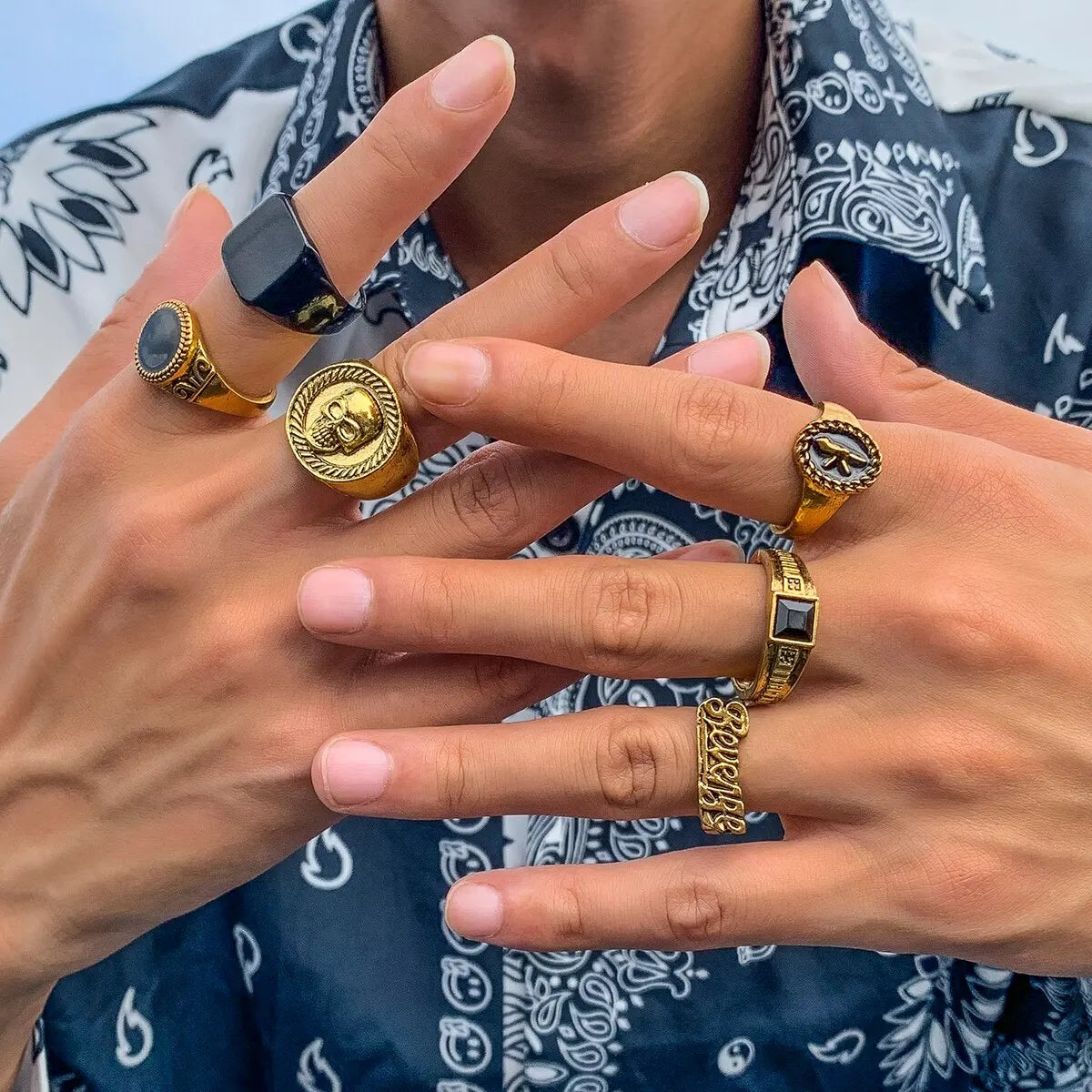 Set 6 Pieces Goth Vintage Skeleton Skull Antique Silver Color Rings