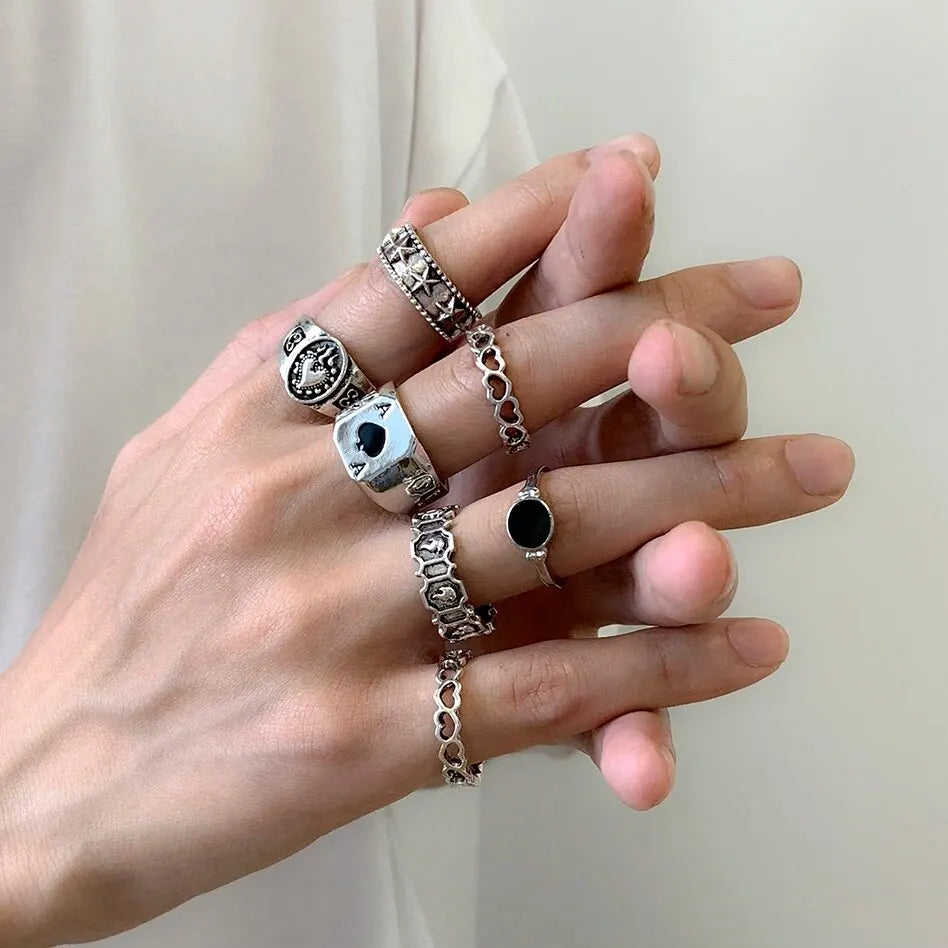 Set 6 Pieces Goth Vintage Skeleton Skull Antique Silver Color Rings