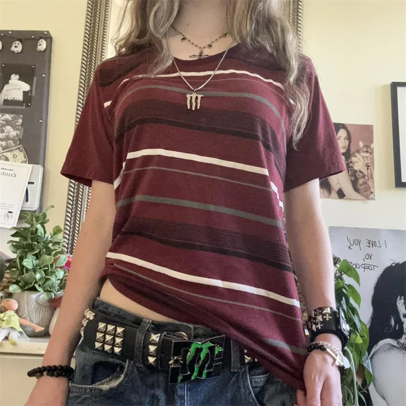 Y2K Aesthetic Fairy Grunge 90s Striped Short Sleeve Pullover Tees