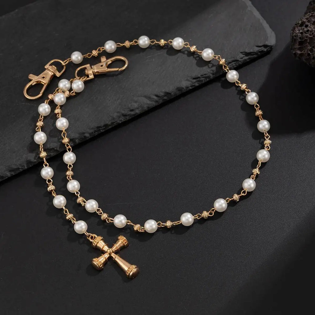 Ingemark Creative Cross Pendant Imitation Pearl Keychain Wallet Belt Chain