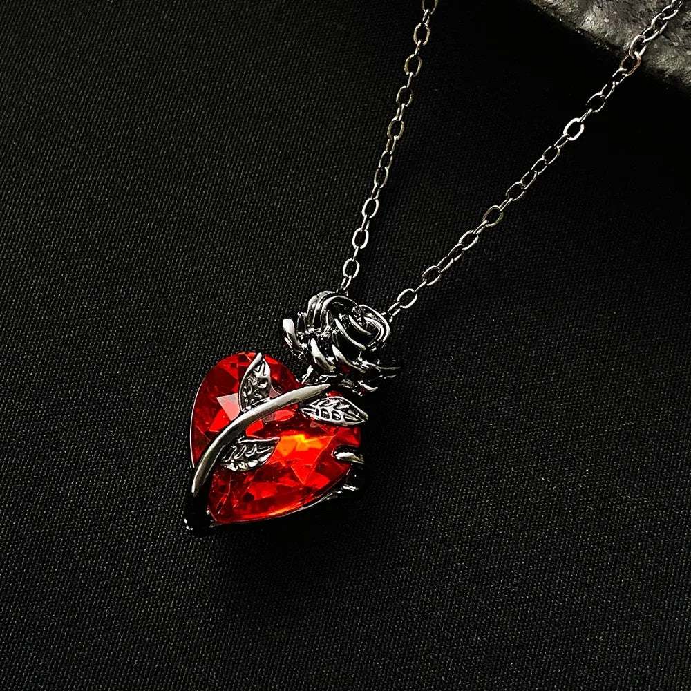 Gothic Rose Red Love Necklace Women's Y2K Jewelry Silver