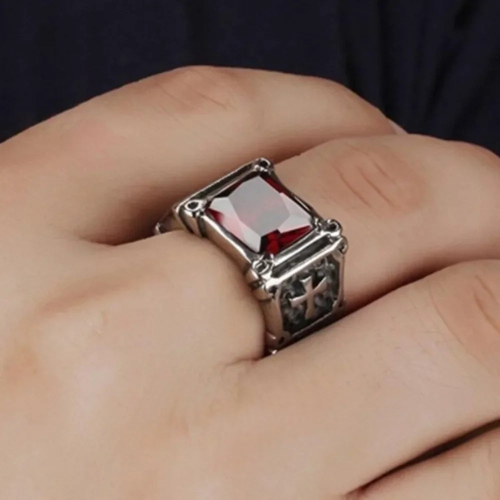 Creative Trend Delicate Compact Red Gemstone Cross Pattern Ring Retro