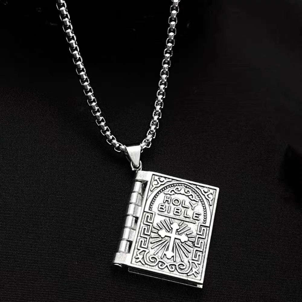 Gothic Style Religious Bible Necklace Alloy Steel Vintage Flipped Bible