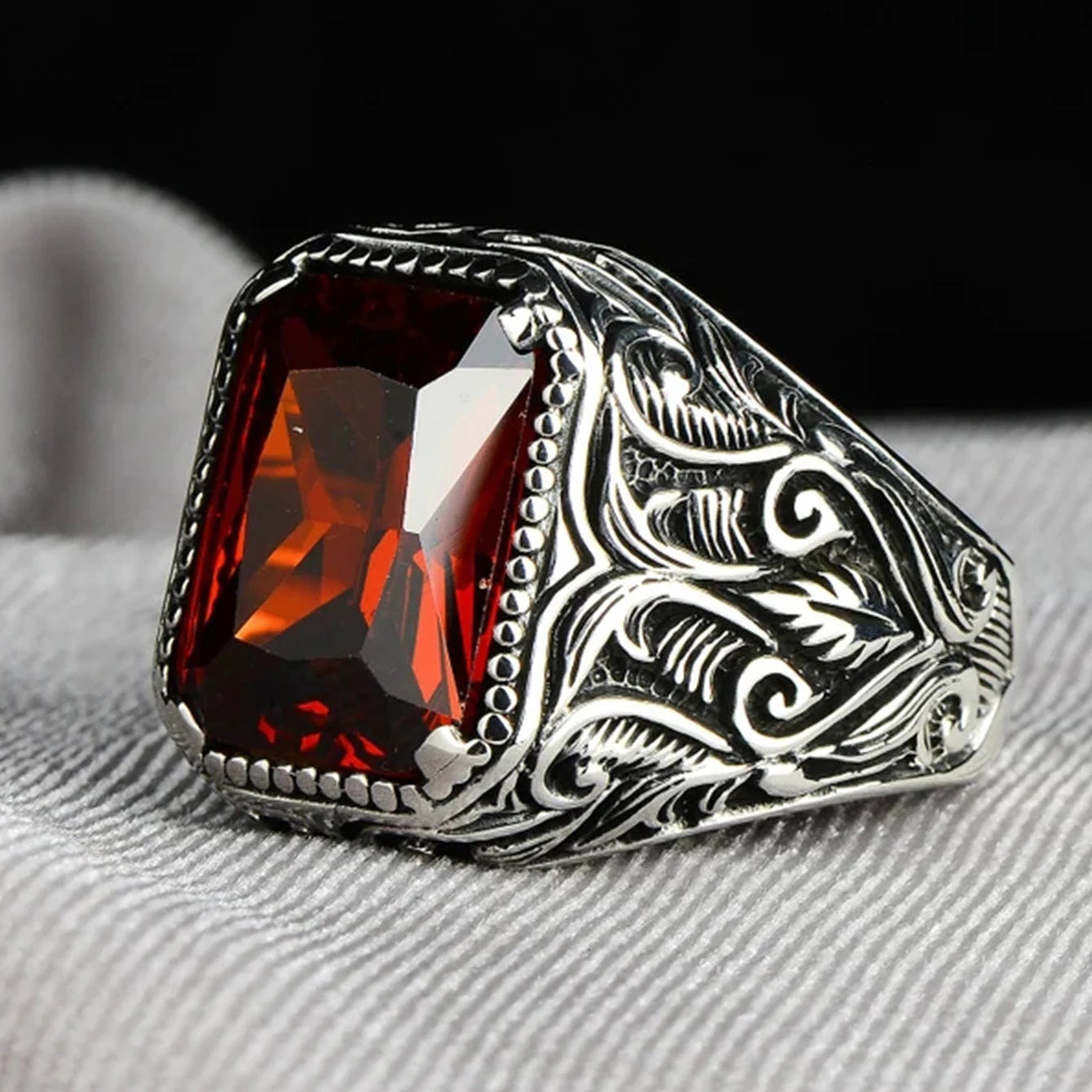 Vintage Turkish Signet RingAncient Silver Color Carved Ring Red Punk Motor Biker