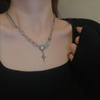 JWER Trendy Bling Moonstone Star Cross Pendant Necklace for Women Punk Hip Hop Star Chain CrystalNecklace Party Y2K Jewelry Gift
