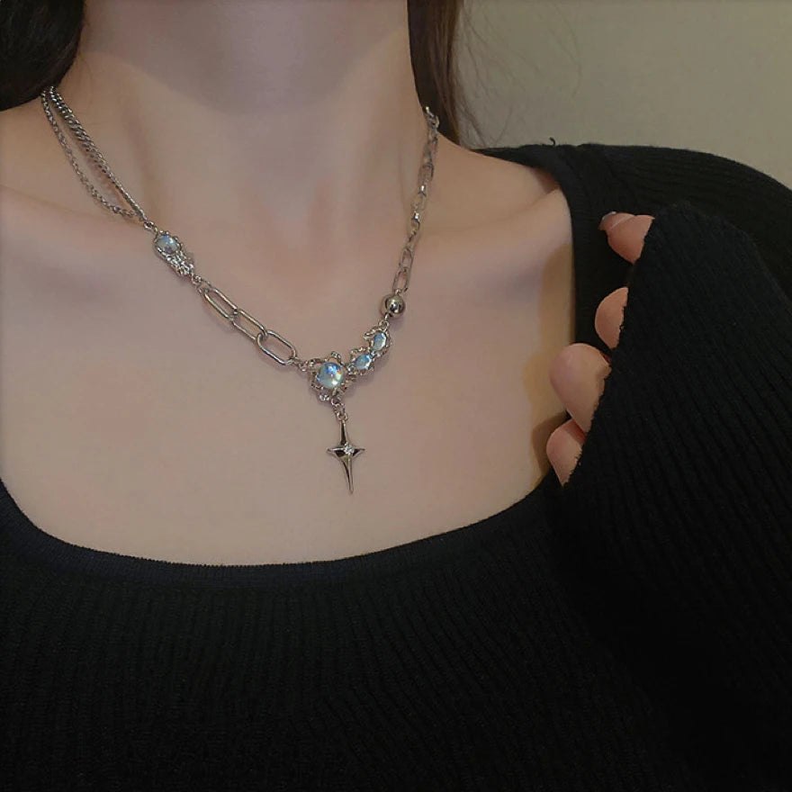 JWER Trendy Bling Moonstone Star Cross Pendant Necklace for Women Punk Hip Hop Star Chain CrystalNecklace Party Y2K Jewelry Gift