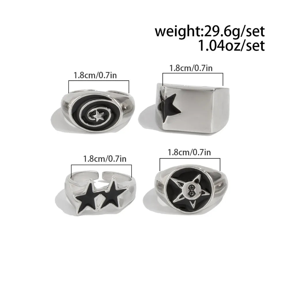Set 4 Pieces Hip-hop Punk Geometric Oval Rectangular Five-pointed Star Opening Rings