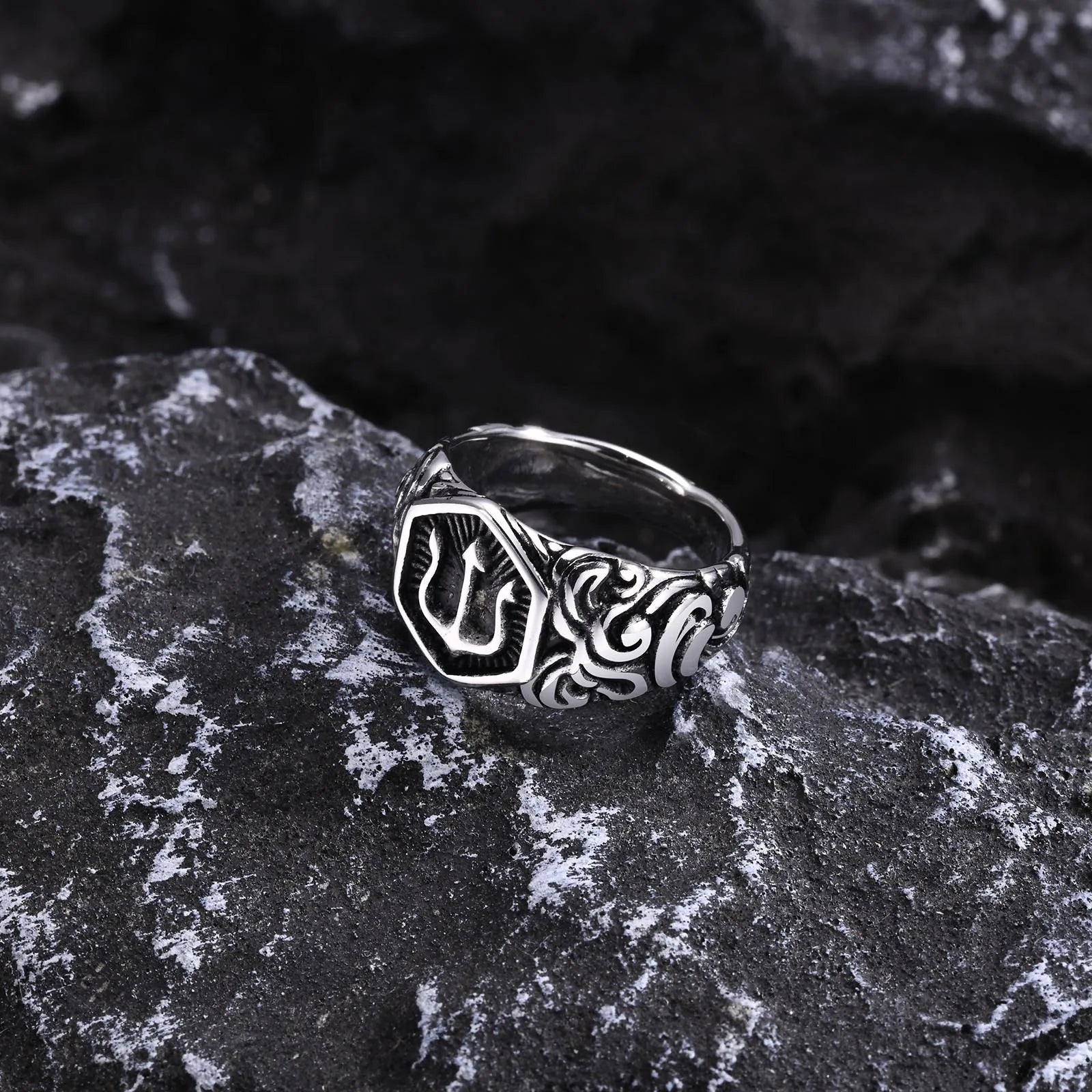 Tridant Signet Stainless Steel Geometric Rings