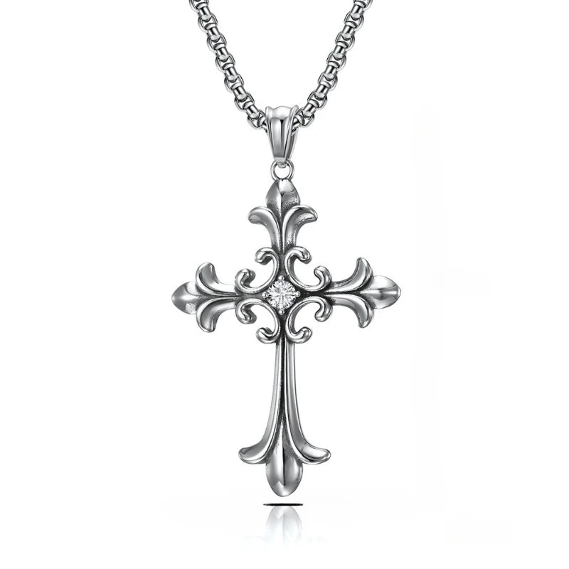 Gothic Vintage Silver Color Cross Pendant Hip-hop Trend  Necklace