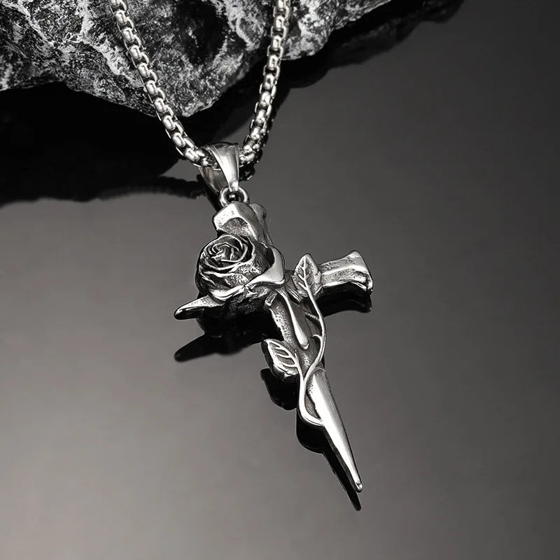 1Pcs Vintage Rose Cross Pendant Necklace For Women Men Stainless Steel Chain Punk Goth Trendy Accessories Choker Gothic Jewelry