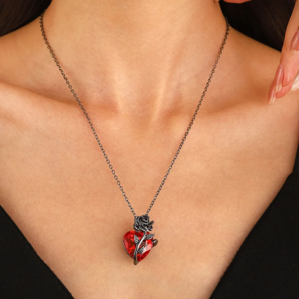 Gothic Rose Red Love Necklace Women's Y2K Jewelry Silver