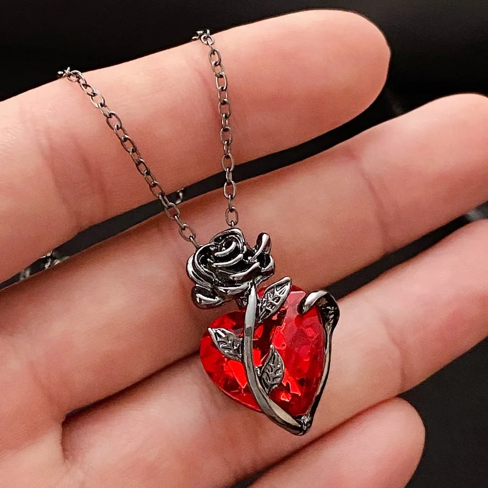 Gothic Rose Red Love Necklace Women's Y2K Jewelry Silver