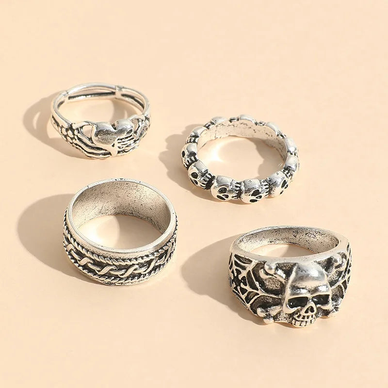 Four Piece Of Gothic Dark Vintage Skull Finger Rings