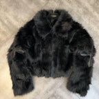 Winter Cotton Jacket Lapel Long Sleeve Patch Cross Short Fur Coat