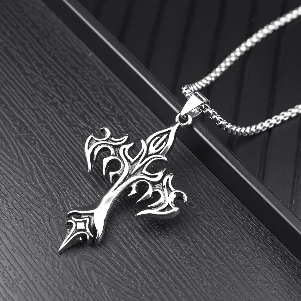 Vintage Flame Cross Pendant Necklace