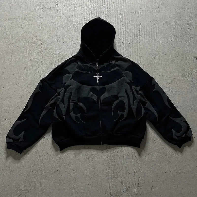 Y2K Opium Core Tribal Tribal Graphic Oversized Heavyweight Zipper Hoodie