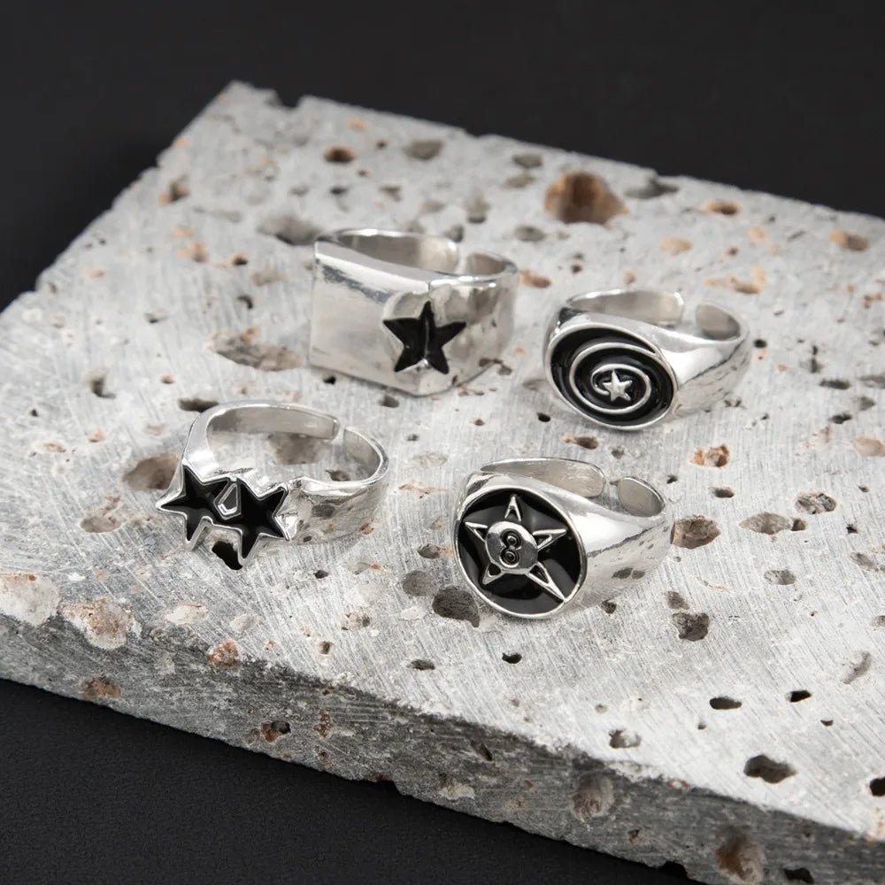 Set 4 Pieces Hip-hop Punk Geometric Oval Rectangular Five-pointed Star Opening Rings