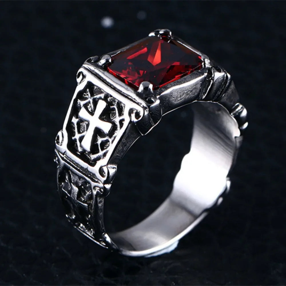 Creative Trend Delicate Compact Red Gemstone Cross Pattern Ring Retro