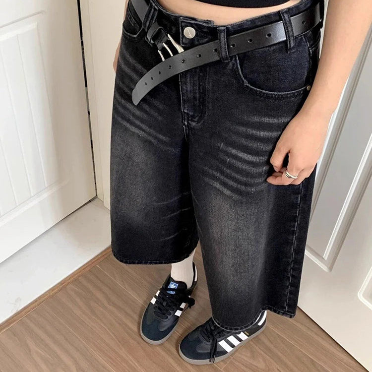 High Waist Black Retro Washed Denim Shorts Y2K Streetwear Mid Long Wide Leg Pants