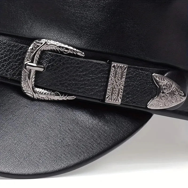 Fashion Women Large Belt Buckle Leather Hat Spring Autumn Sailor Hats Black Ladies Beret Caps