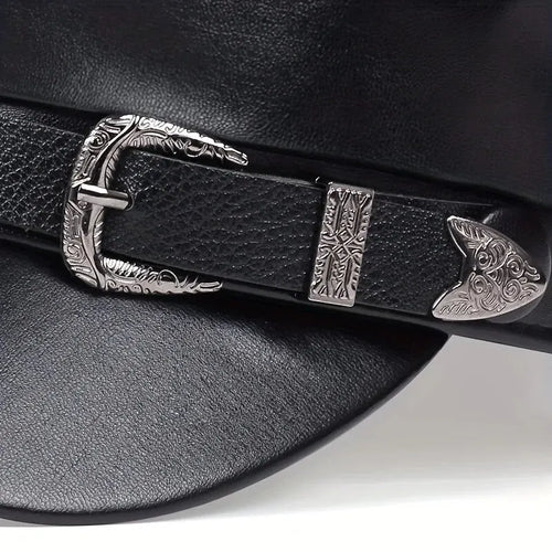 Fashion Women Large Belt Buckle Leather Hat Spring Autumn Sailor Hats Black Ladies Beret Caps