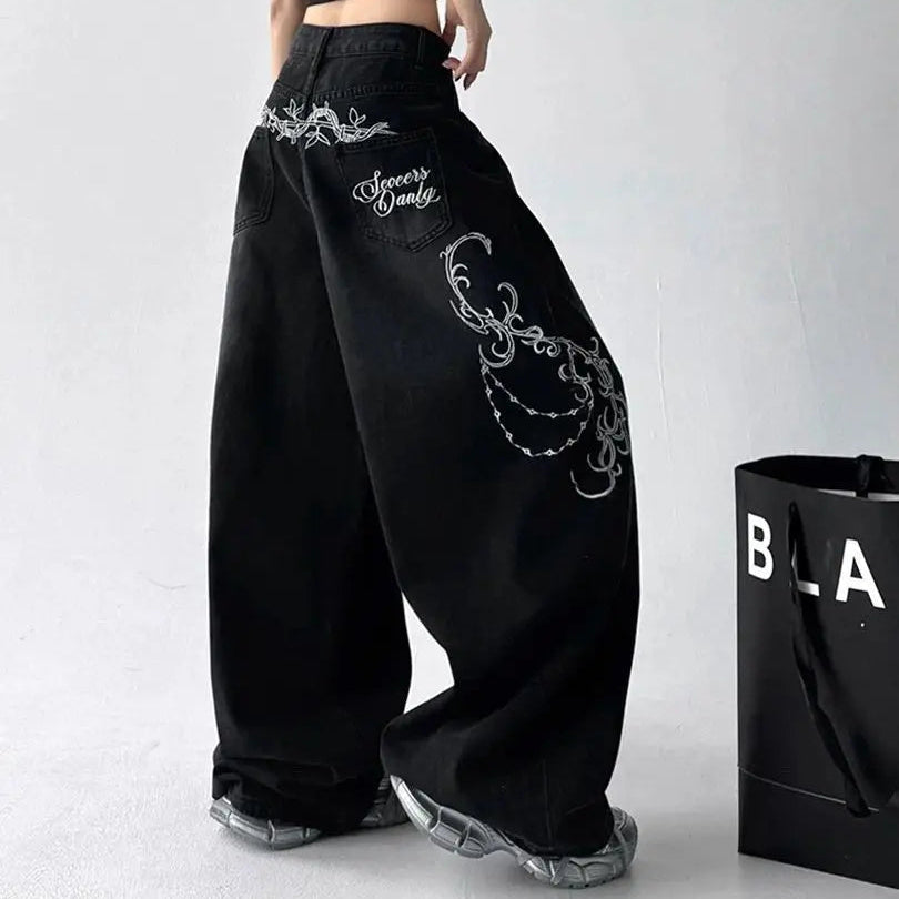 High Street Women Vintage Embroidery Y2K Baggy Jeans American Retro