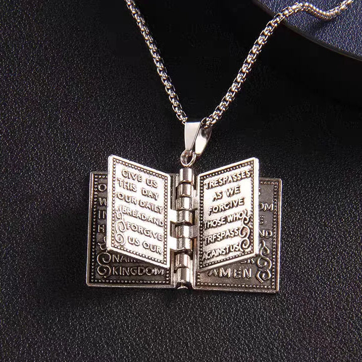 Gothic Style Religious Bible Necklace Alloy Steel Vintage Flipped Bible