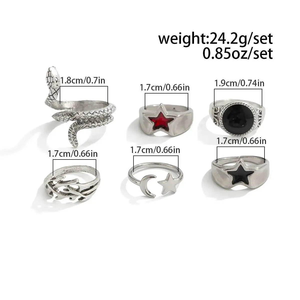 Set 6 Pieces Creative Irregular Snake Stars Open Rings