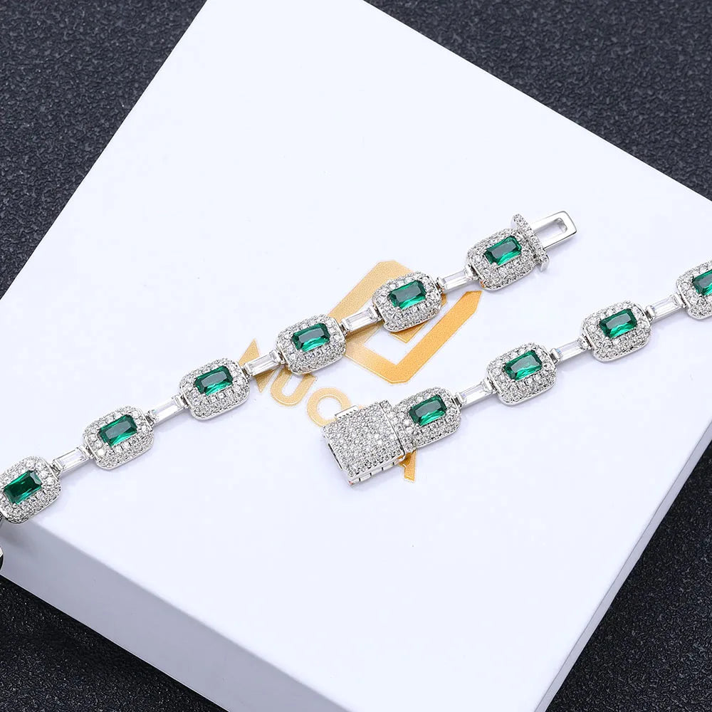 Iced Emerald Cushion Cut Diamond Bracelet White Gold Inlaid Green