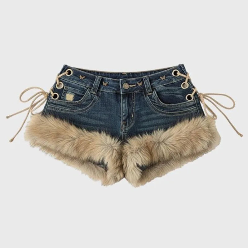 Y2K Winter New Women's Retro Design Fluffy Splicing Jeans Shorts