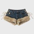 Y2K Winter New Women's Retro Design Fluffy Splicing Jeans Shorts