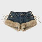 Y2K Winter New Women's Retro Design Fluffy Splicing Jeans Shorts