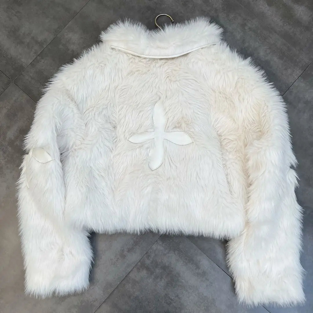 Winter Cotton Jacket Lapel Long Sleeve Patch Cross Short Fur Coat