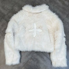 Winter Cotton Jacket Lapel Long Sleeve Patch Cross Short Fur Coat