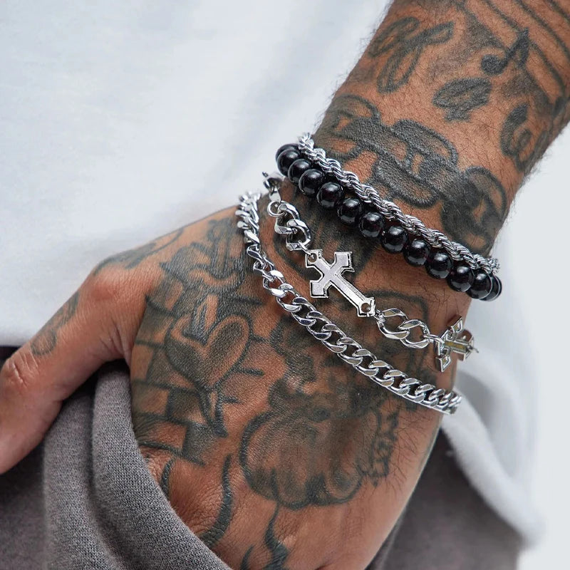 4 Pieces Stainless Steel Bracelet Set Punk Cross Beads Chain Bracelets